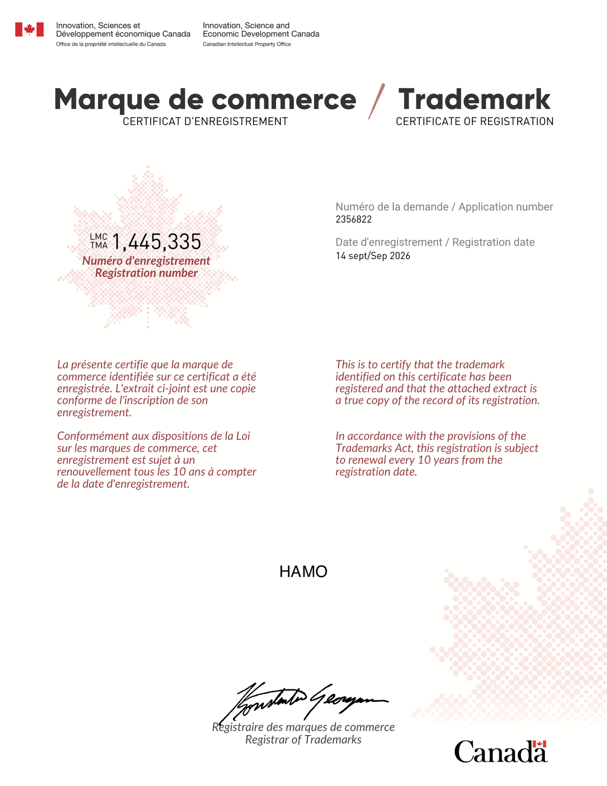 Certificate of Registration issued by the Canadian Intellectual Property Office for the trademark HAMO, registration number TMA1,445,335, registered 14 September 2026